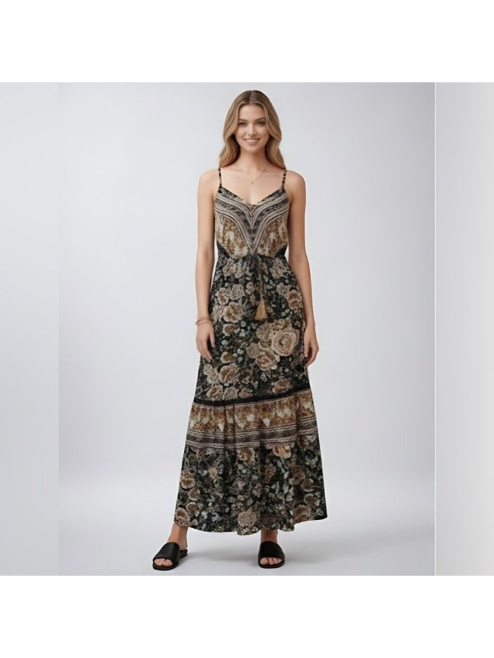 Boho Floral Print Drawstring Waist Fringed Ruffle Hem Cami Dress